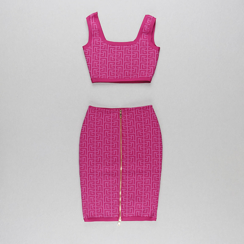 Pink Geometric Print Crop Top & Pencil Skirt Set H3603
