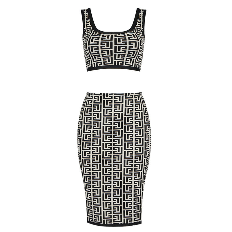 Pink Geometric Print Crop Top & Pencil Skirt Set H3603
