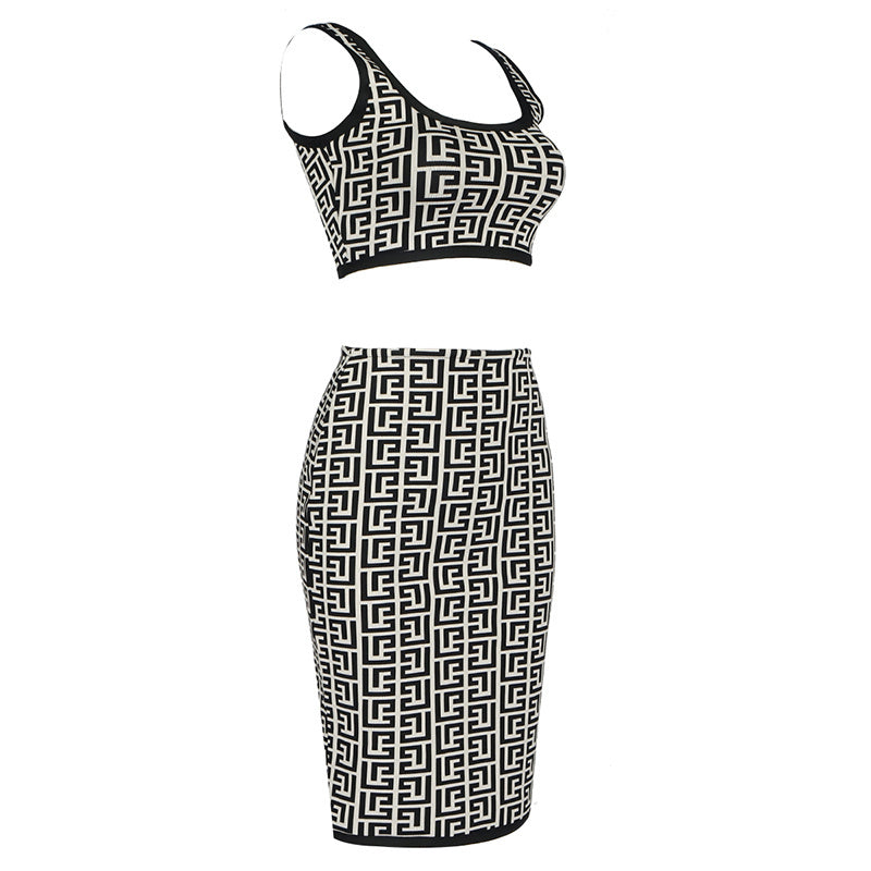 Pink Geometric Print Crop Top & Pencil Skirt Set H3603