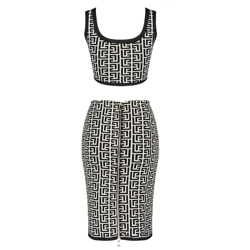 Pink Geometric Print Crop Top & Pencil Skirt Set H3603