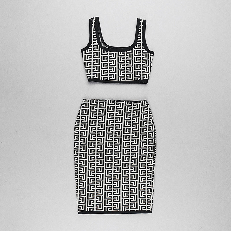 Pink Geometric Print Crop Top & Pencil Skirt Set H3603