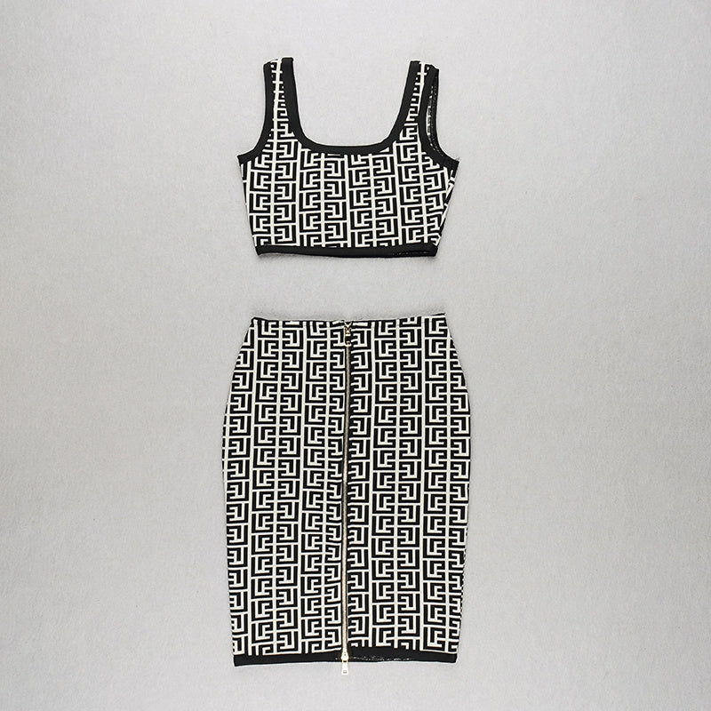 Pink Geometric Print Crop Top & Pencil Skirt Set H3603