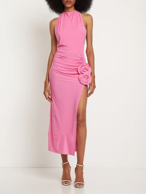 Pink Halter Ruched Maxi Dress H5981