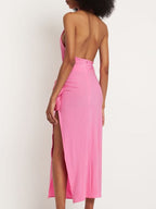 Pink Halter Ruched Maxi Dress H5981