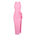 Pink Halter Ruched Maxi Dress H5981