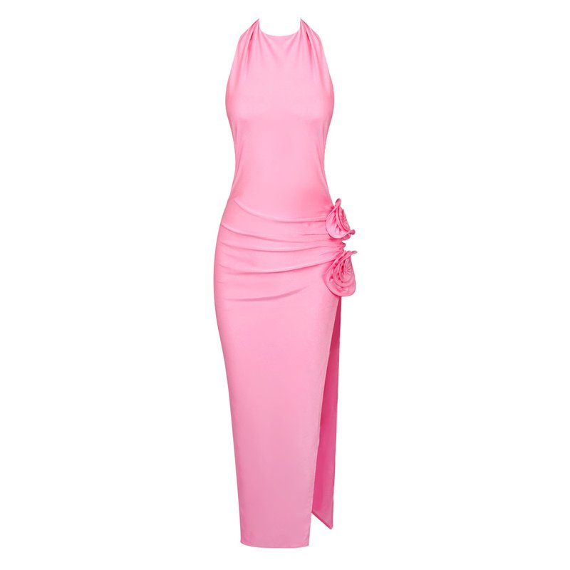 Pink Halter Ruched Maxi Dress H5981