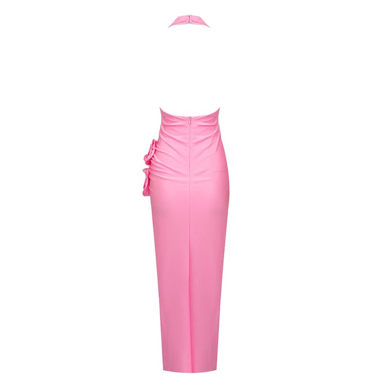Pink Halter Ruched Maxi Dress H5981