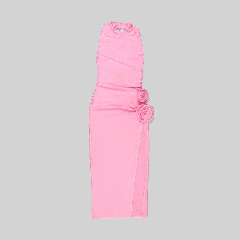 Pink Halter Ruched Maxi Dress H5981