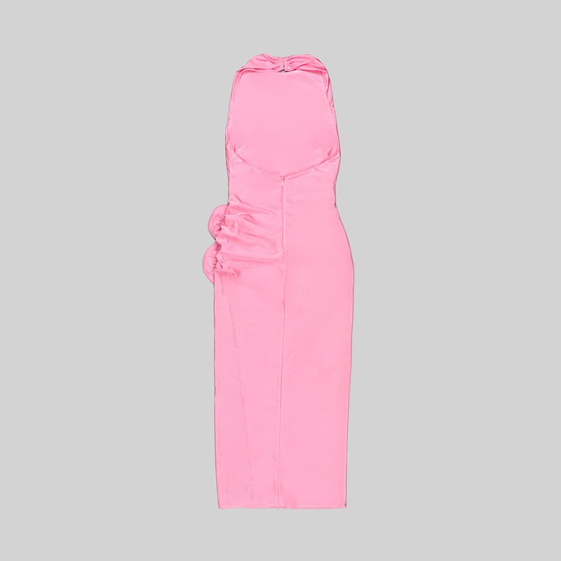 Pink Halter Ruched Maxi Dress H5981