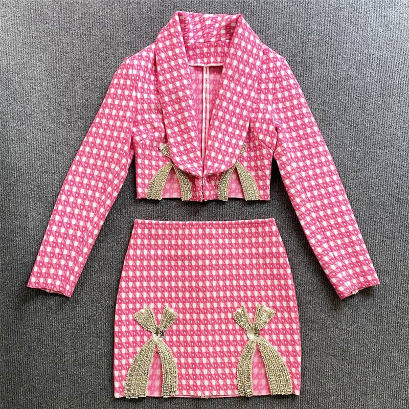 Pink Houndstooth Cutout Blazer Set H6146