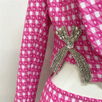 Pink Houndstooth Cutout Blazer Set H6146