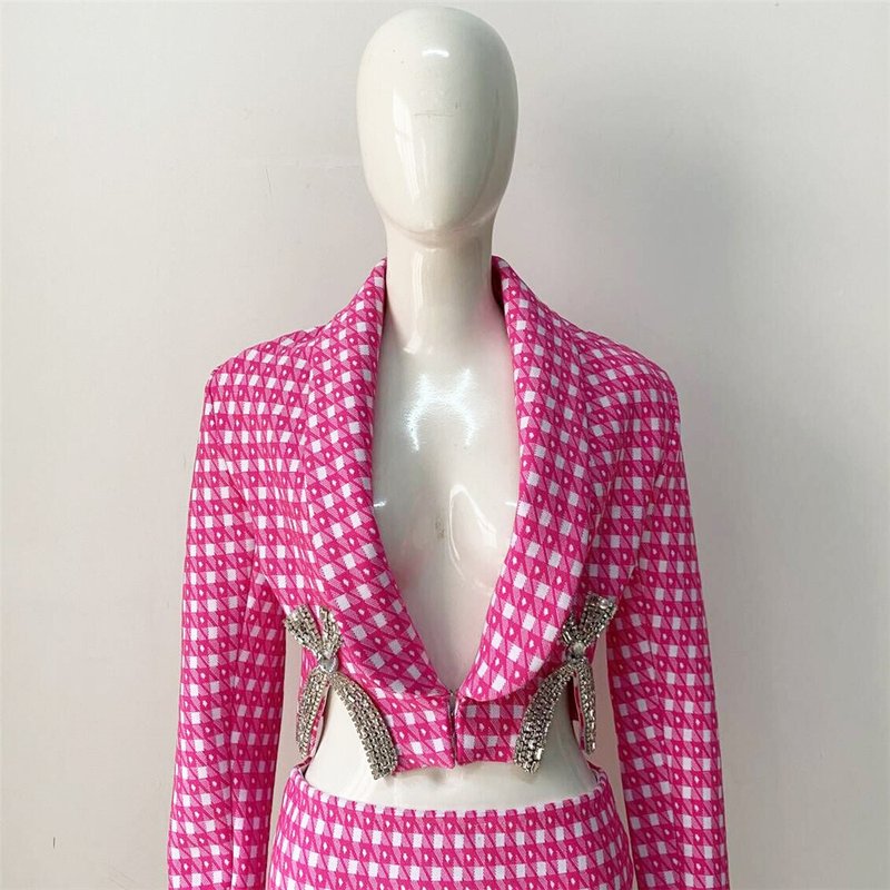 Pink Houndstooth Cutout Blazer Set H6146