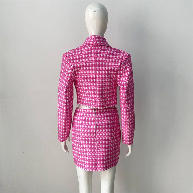 Pink Houndstooth Cutout Blazer Set H6146