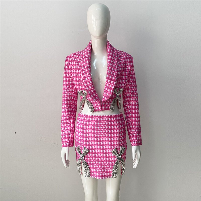 Pink Houndstooth Cutout Blazer Set H6146