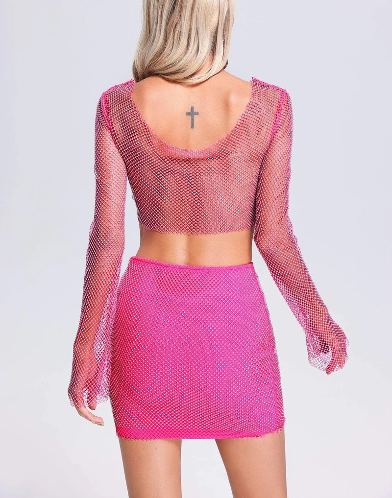 Pink Mesh Crop Top & Mini Skirt Set H6274