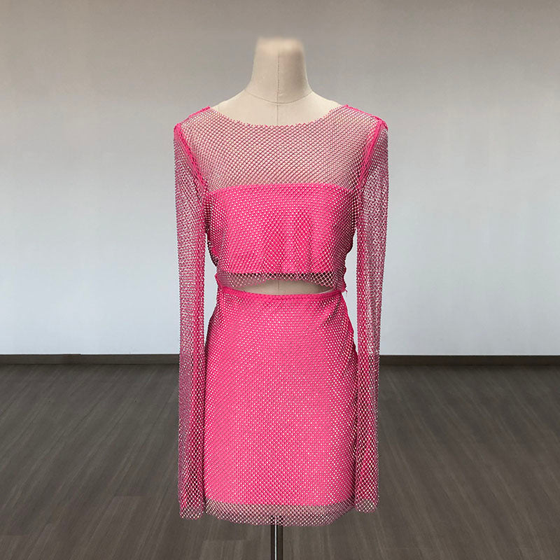 Pink Mesh Crop Top & Mini Skirt Set H6274