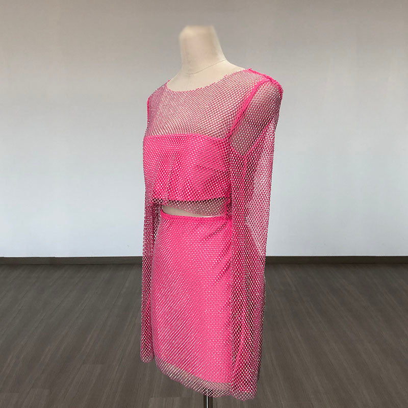 Pink Mesh Crop Top & Mini Skirt Set H6274