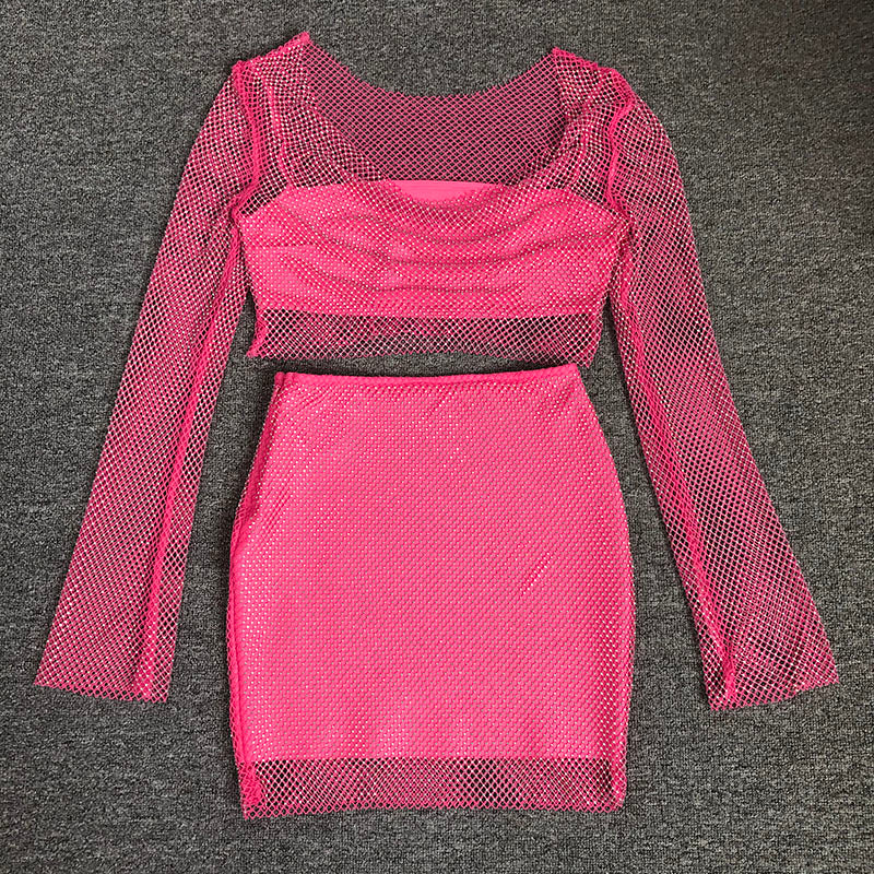 Pink Mesh Crop Top & Mini Skirt Set H6274