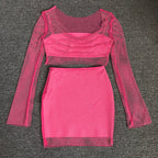 Pink Mesh Crop Top & Mini Skirt Set H6274