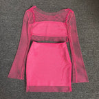 Pink Mesh Crop Top & Mini Skirt Set H6274