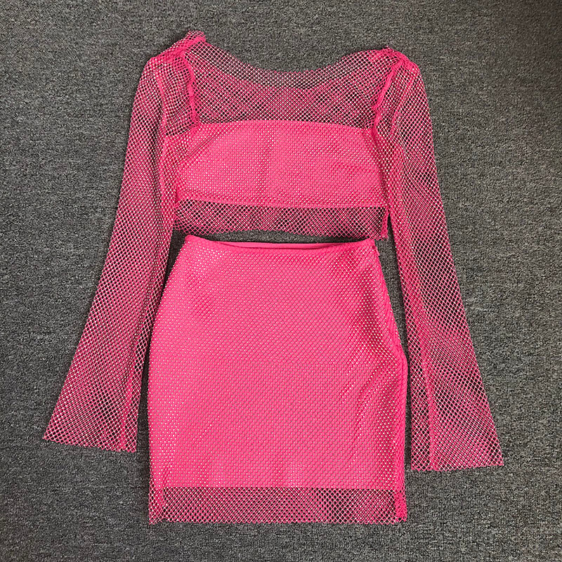 Pink Mesh Crop Top & Mini Skirt Set H6274