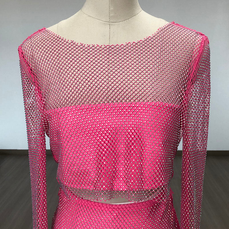 Pink Mesh Crop Top & Mini Skirt Set H6274