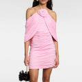 Pink One-Shoulder Rose Detail Bandage Dress H6651