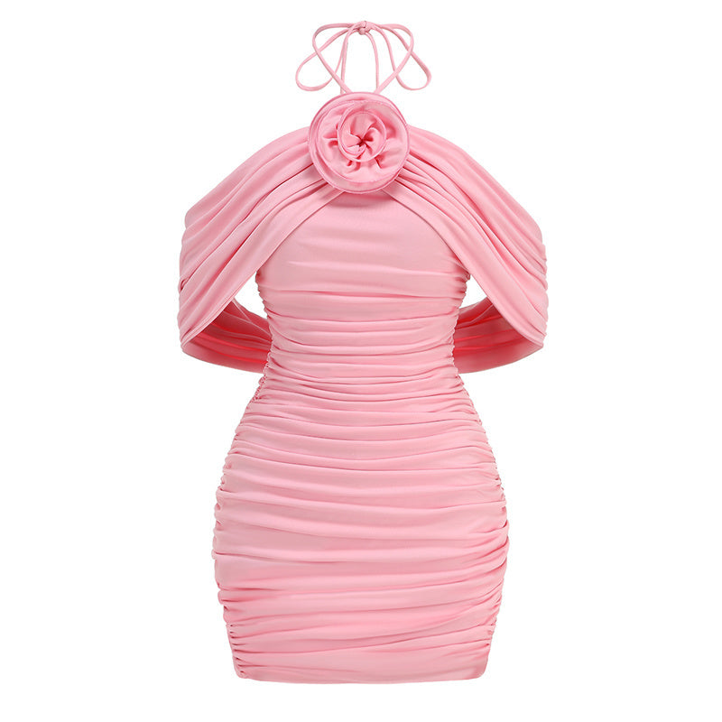 Pink One-Shoulder Rose Detail Bandage Dress H6651