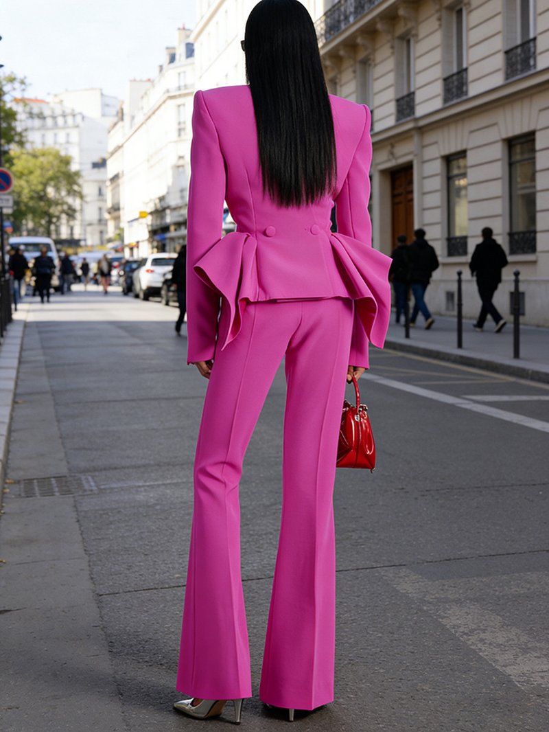 Pink Peplum Blazer & Wide Leg Pants Set H7040