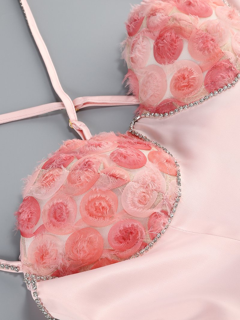 Pink Rose Embellished Mini Dress H6552