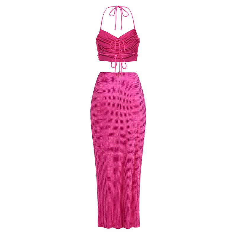 Pink Ruched Halter Midi Dress H6263