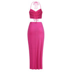 Pink Ruched Halter Midi Dress H6263