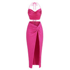Pink Ruched Halter Midi Dress H6263
