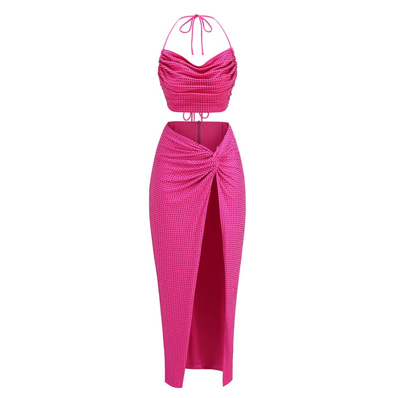 Pink Ruched Halter Midi Dress H6263