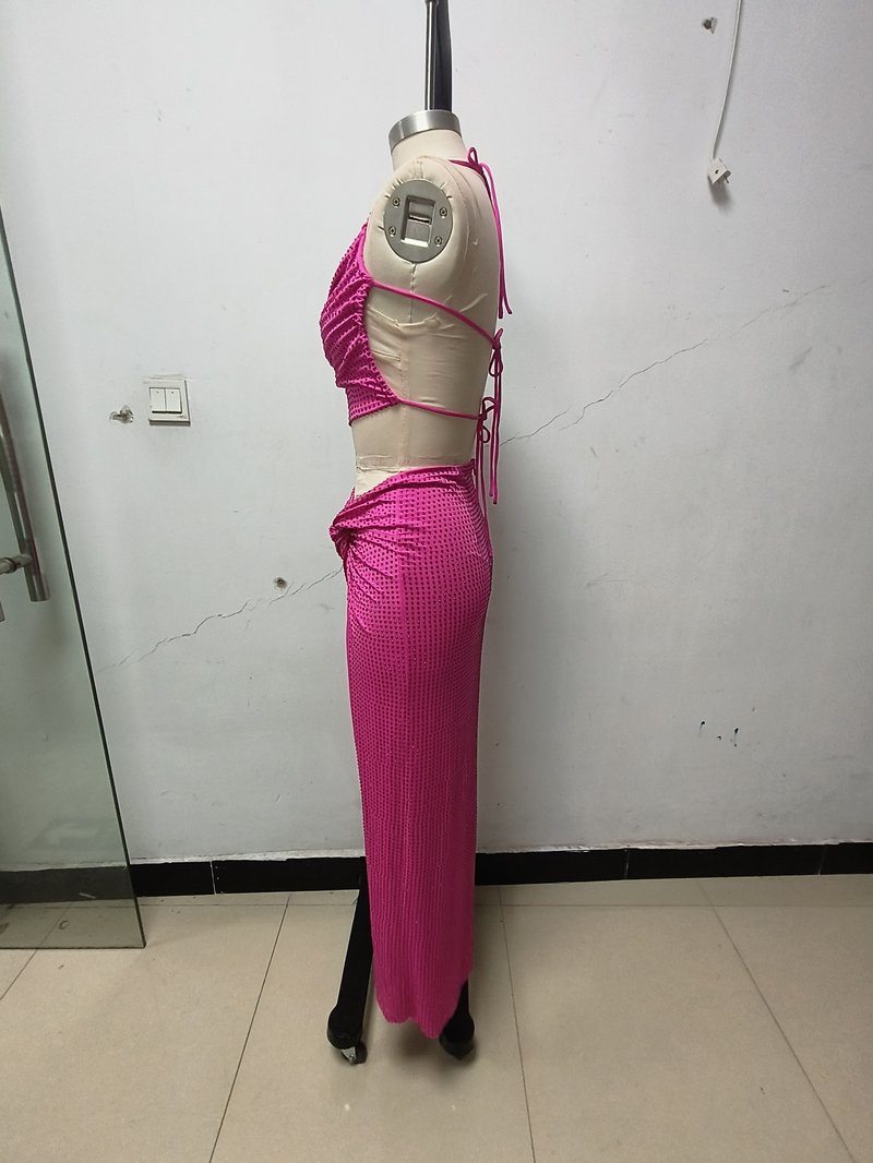 Pink Ruched Halter Midi Dress H6263