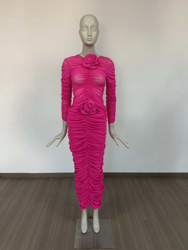 Pink Ruched Rose Detail Bandage Dress H6619