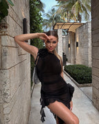 Pink Ruffle Asymmetrical Midi Dress H5686