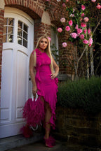 Pink Ruffle Asymmetrical Midi Dress H5686