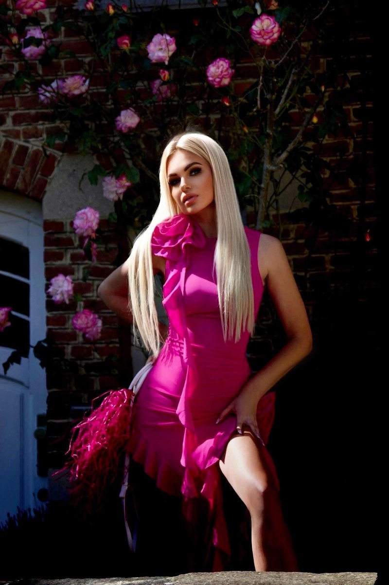Pink Ruffle Asymmetrical Midi Dress H5686