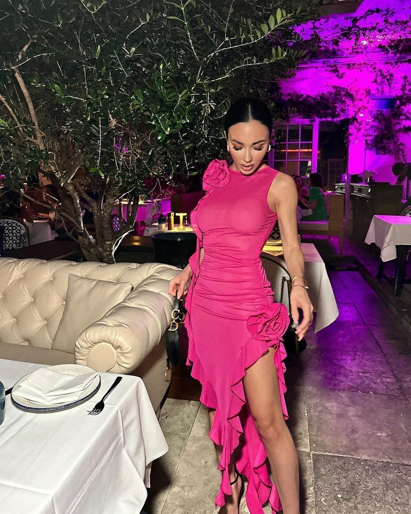 Pink Ruffle Asymmetrical Midi Dress H5686