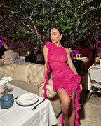 Pink Ruffle Asymmetrical Midi Dress H5686