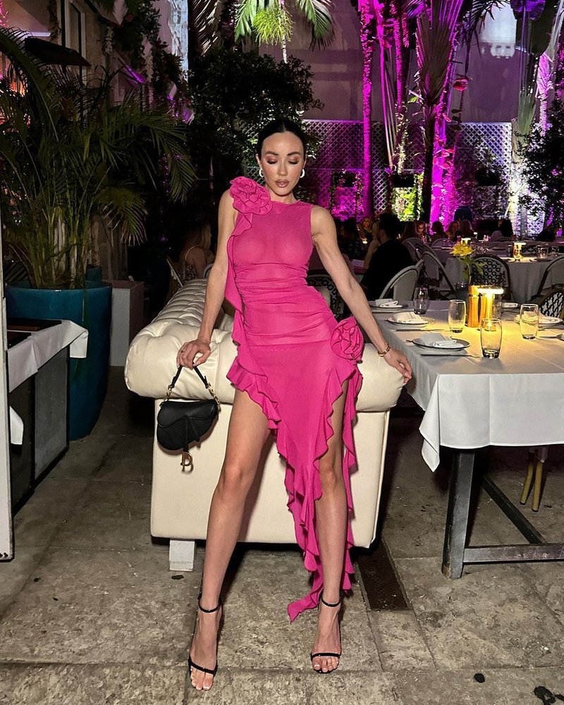 Pink Ruffle Asymmetrical Midi Dress H5686