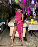 Pink Ruffle Asymmetrical Midi Dress H5686
