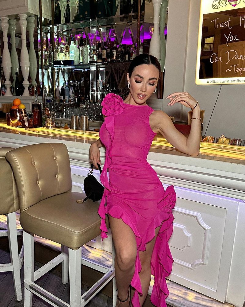 Pink Ruffle Asymmetrical Midi Dress H5686