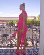 Pink Ruffle Asymmetrical Midi Dress H5686