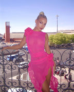 Pink Ruffle Asymmetrical Midi Dress H5686