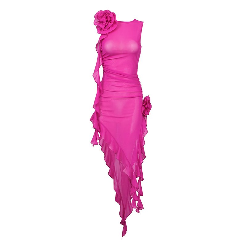 Pink Ruffle Asymmetrical Midi Dress H5686