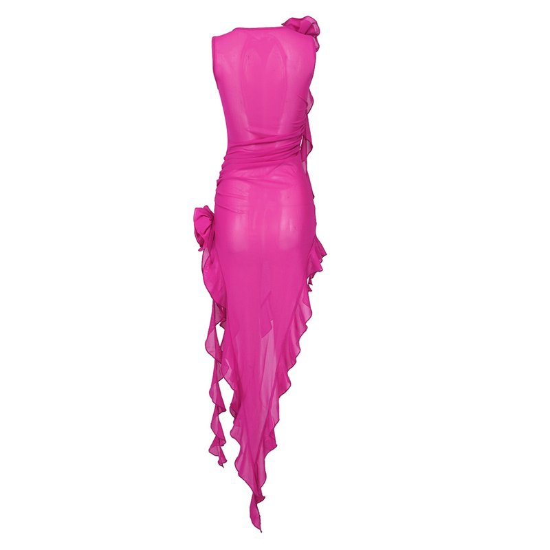 Pink Ruffle Asymmetrical Midi Dress H5686