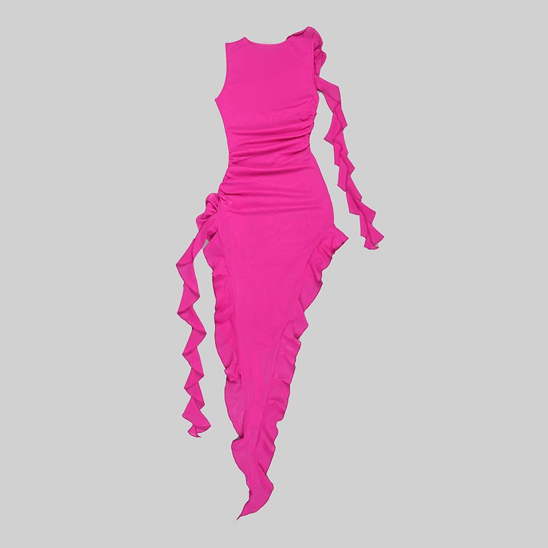 Pink Ruffle Asymmetrical Midi Dress H5686