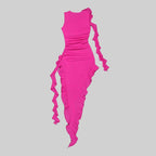 Pink Ruffle Asymmetrical Midi Dress H5686